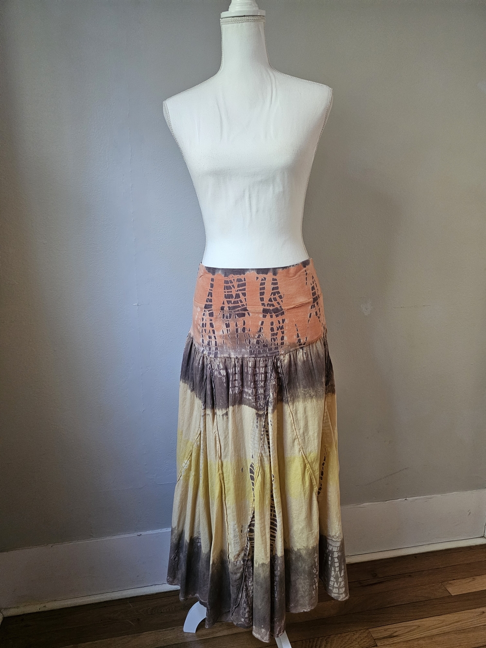Bohemian Tie-Dye Maxi Skirt in Peach, Yellow & Taupe